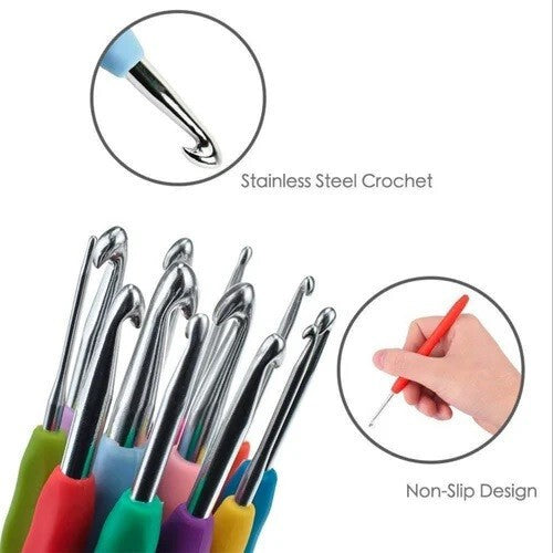9Pcs Aluminium Crochet Hooks Set Soft Grip Handles Knitting Needles Multi Color