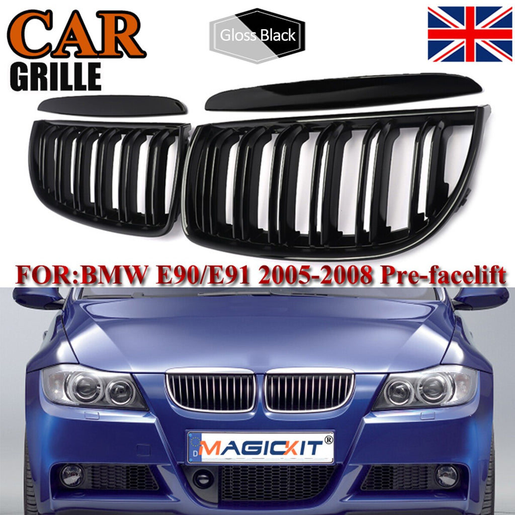 FOR BMW 3 SERIES E90 E91 DUAL SLAT GLOSS BLACK FRONT KIDNEY GRILLE 05-08 PRE-LCI