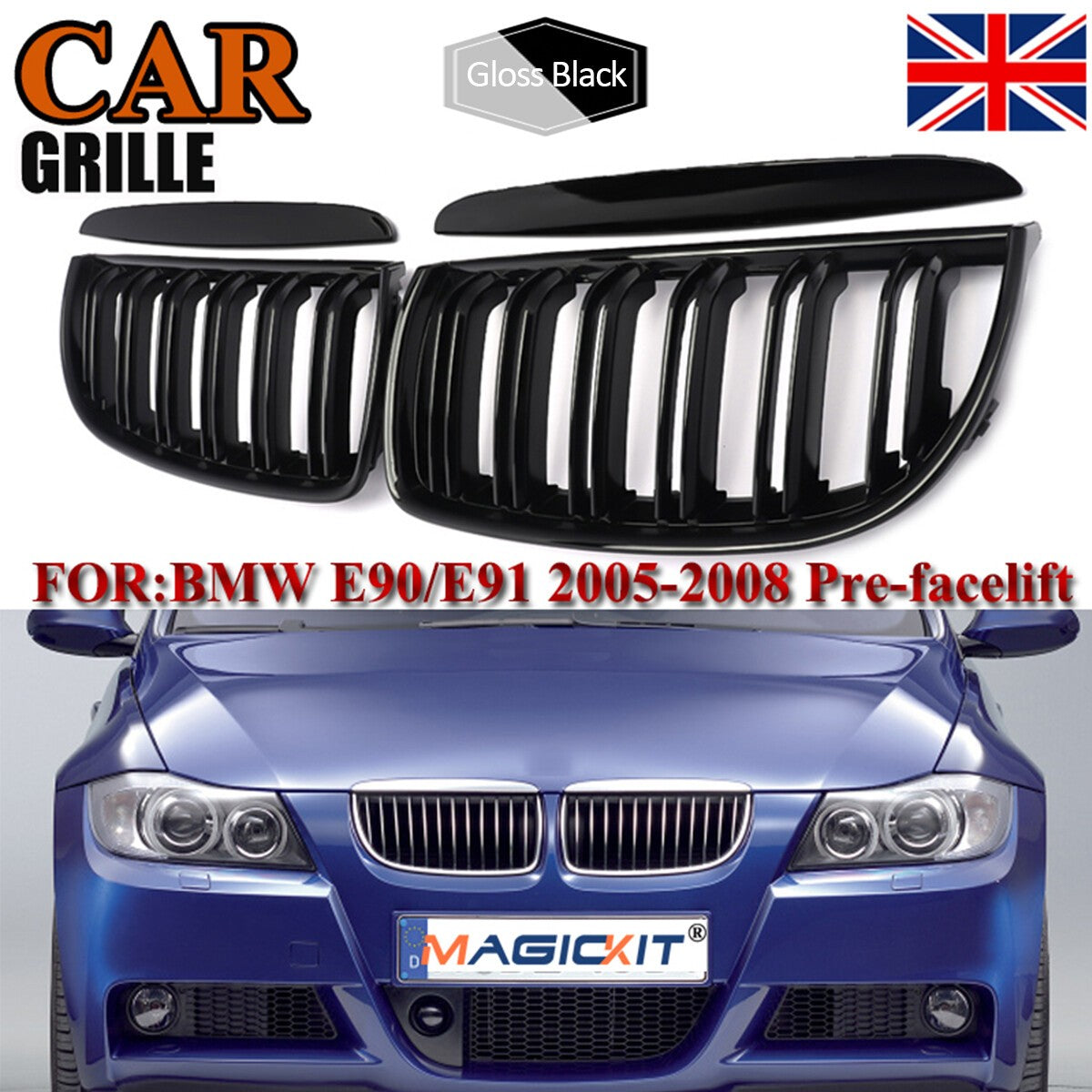 FOR BMW 3 SERIES E90 E91 DUAL SLAT GLOSS BLACK FRONT KIDNEY GRILLE 05-08 PRE-LCI