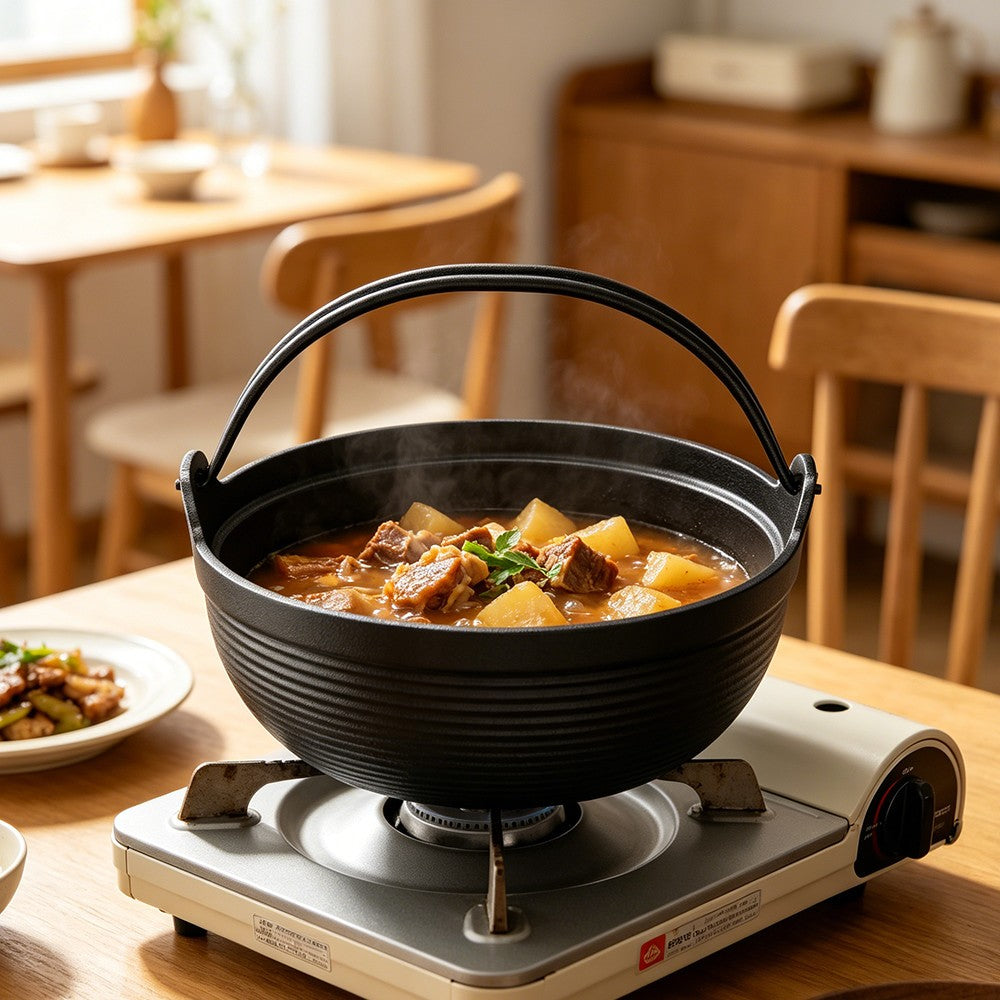 Cast Iron Stew Pot Dutch Oven Pan Stock Pot Camping Picnic Cooking Pot w/ Handle