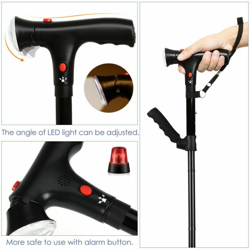 1X Elder Folding Walking Stick Walking Cane Height Adjustable LED Light Alarm