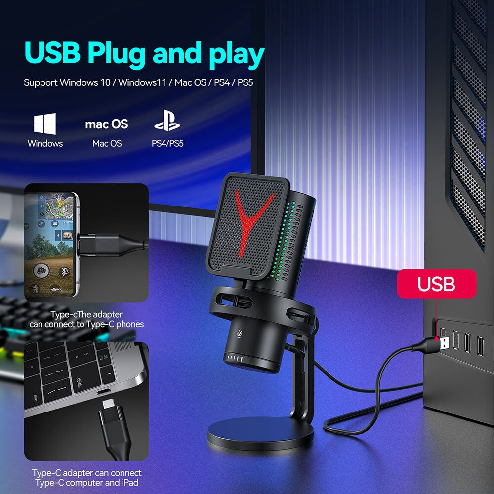USB Microphone Noise Cancellation Condenser RGB Gaming Mic for PC Laptop Android