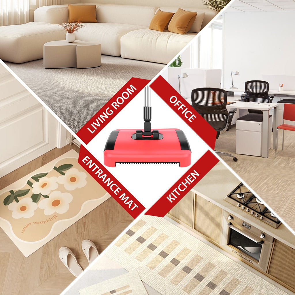 Manual Carpet Sweeper 180° Rotating, No Electricity, Quick Clean Rugs Hardwood