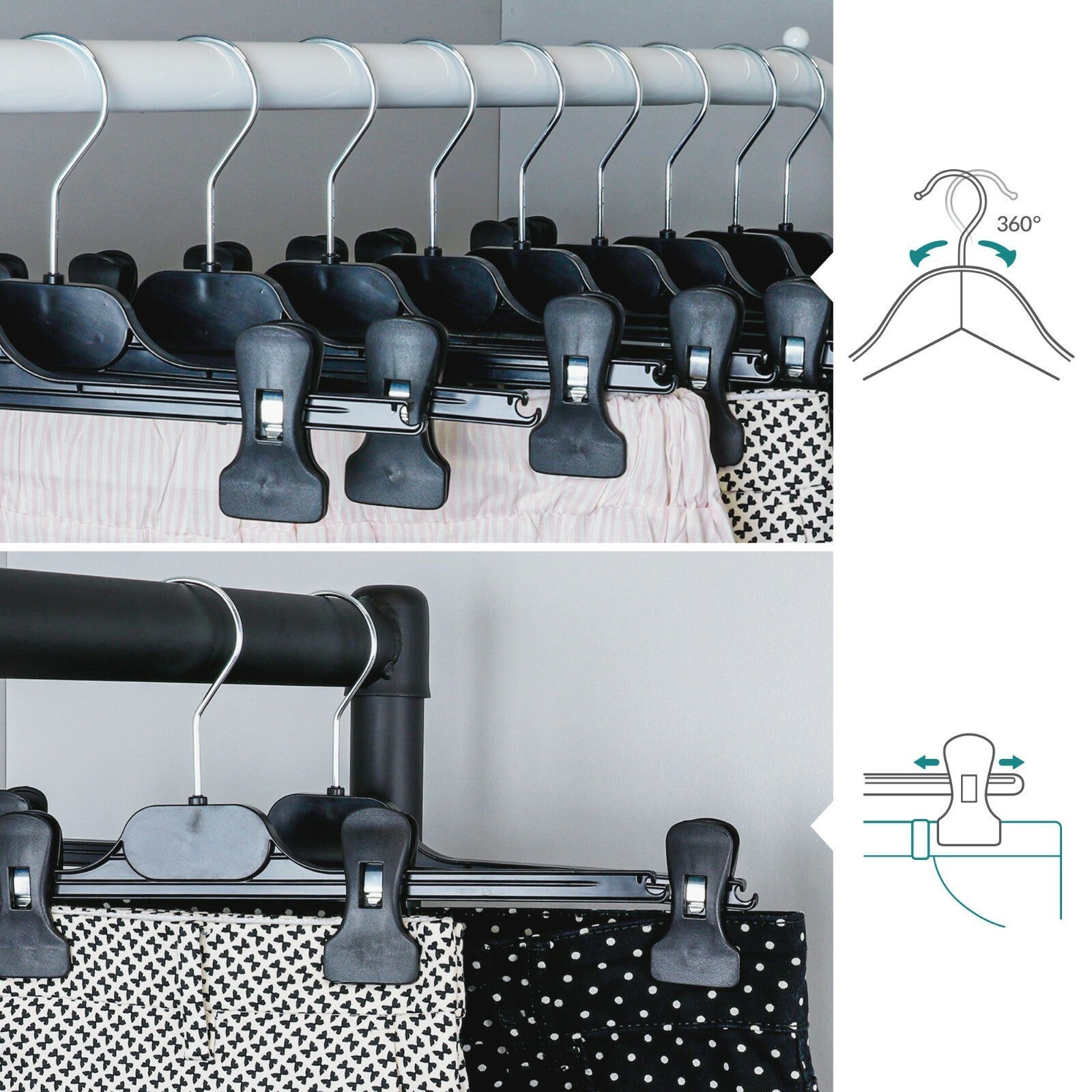 10 Pack 35cm Black Plastic Clothes Hangers with Clips Trousers Skirt Strong