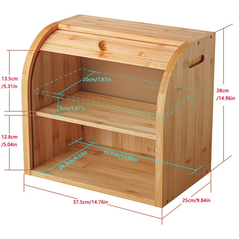 2 Tier Bamboo Bread Bin Double Layer Kitchen Storage Container Loaf Bread Box UK