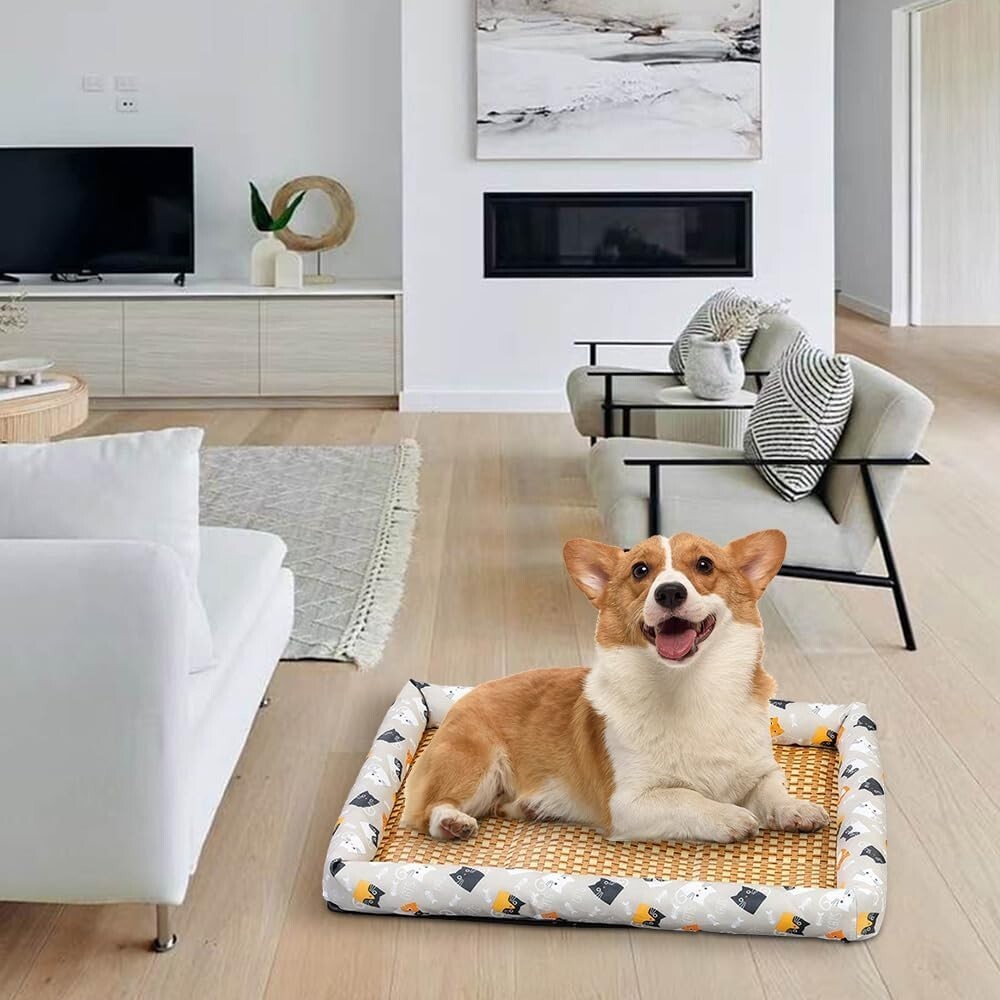 Ice Rattan Cooling Bed for Cats Dogs,Pet Cooling Mat, Washable natural rattan