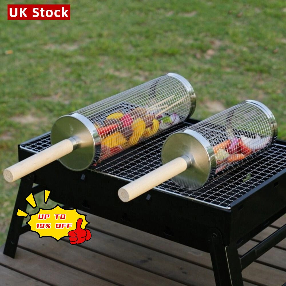 Rolling Grill Basket BBQ Net Tube Cylinder BBQ Grilling Meat Vegetable Cage UK