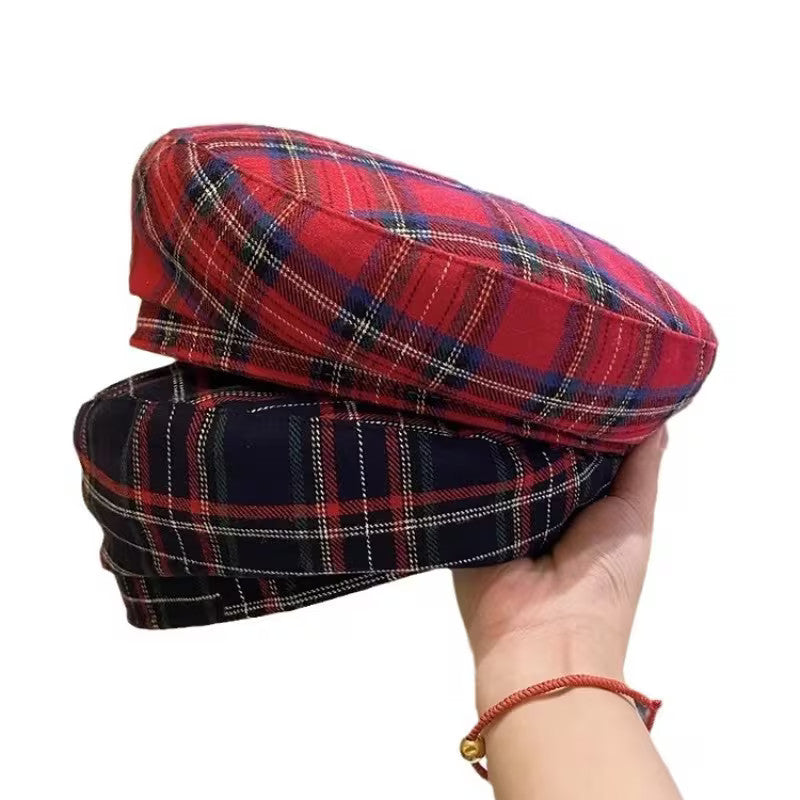 Women Striped Jacquard Beret Classic Casual Plaid Vintage Flat Top Painter Cap