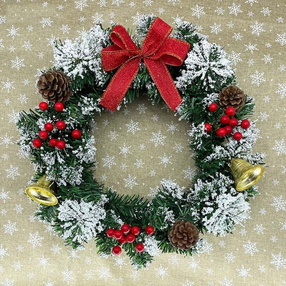 20/30/40cm Christmas Wreath W/ Bow Front Door Wreath Garland Xmas Hanging Decor