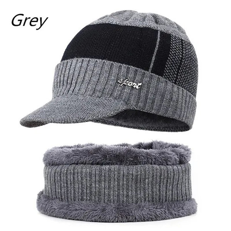 Mens Winter Warm Peaked Beanie Hat Fleece Lined Outdoor Ski Cap with Scarf