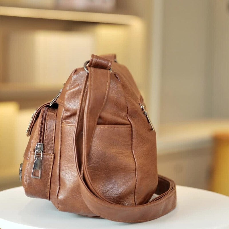 Retro Multi Pockets Crossbody Bag Soft PU Leather Shoulder Bag Purse For Women
