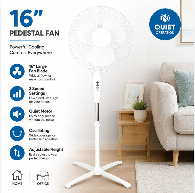 16" Pedestal Fan 3 Speed Quiet Stand Floor Fan Oscillating Cooling Home Office