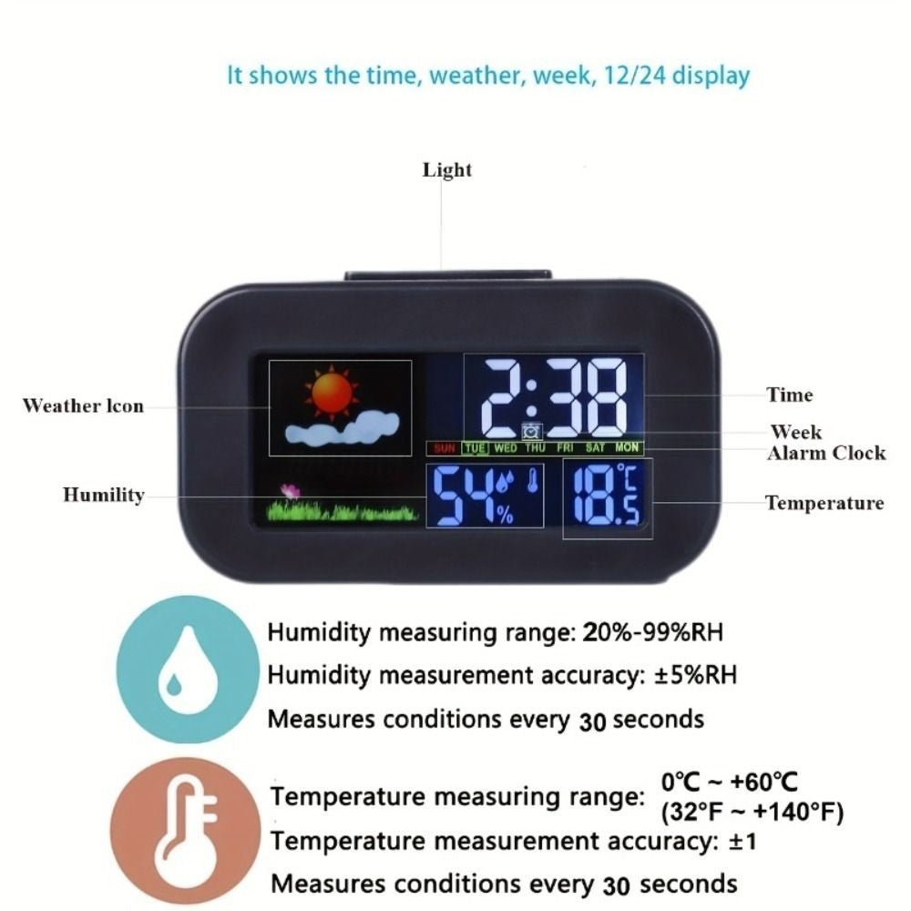 Weather Forecast Digital Alarm Clock W/ Backlight Temperature Humidity LED Clock