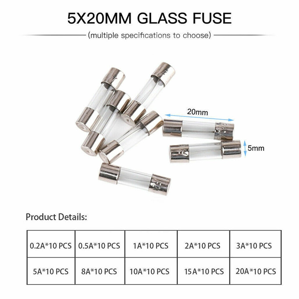 100PCS 5x20mm Quick Blow Glass Tube Fuse Assorted Kits Fast Action Glass Fuses