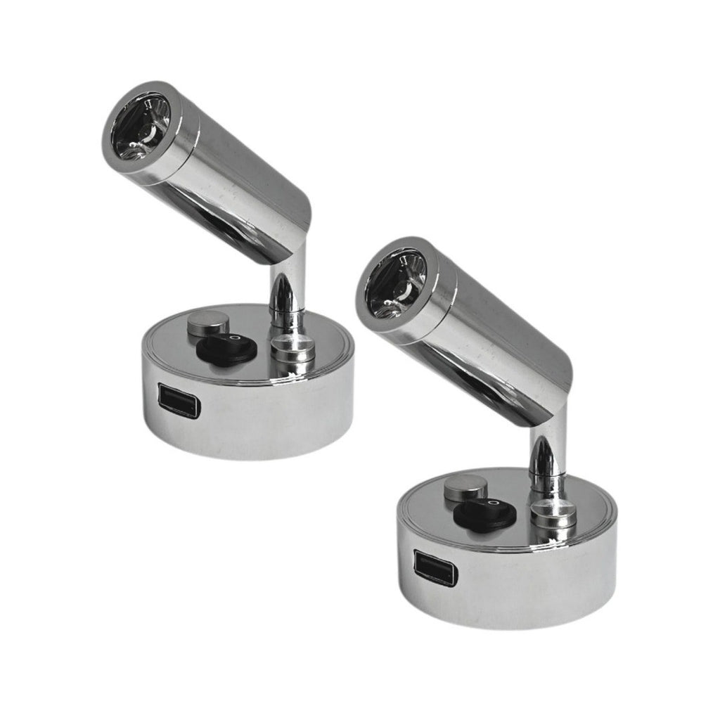 12V LED Reading Light USB Port Chrome Campervan Caravan Boat Lamps Pack of 2