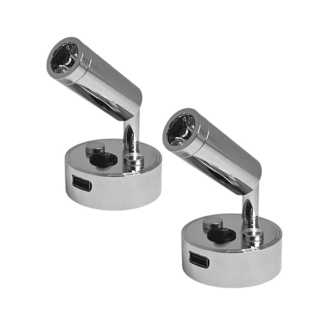 12V LED Reading Light USB Port Chrome Campervan Caravan Boat Lamps Pack of 2