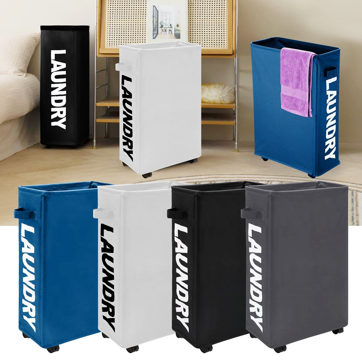 42L Water Resistant Laundry Basket w/Rolling Slim Wheels Foldable Washing Hamper