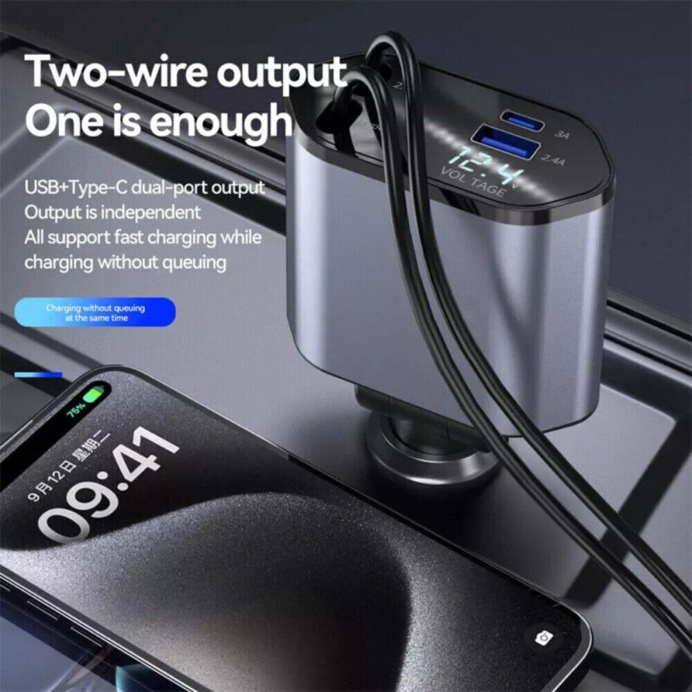Retractable Car Charger 4 in 1 Fast Car Phone Charger 120W With USB Type C Cable