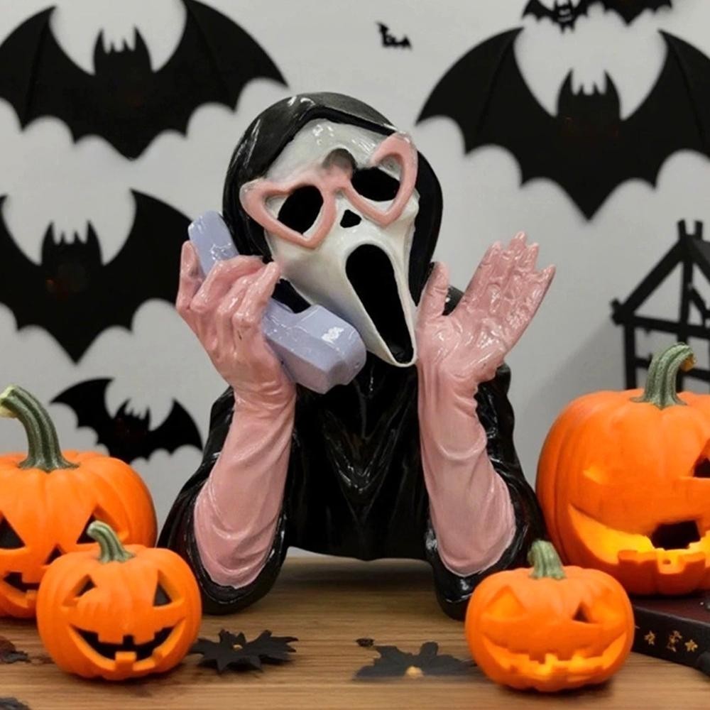 2026 Ghoulish Resin Light Up Halloween Pink/Black Scream Ghost Face Statue Decor