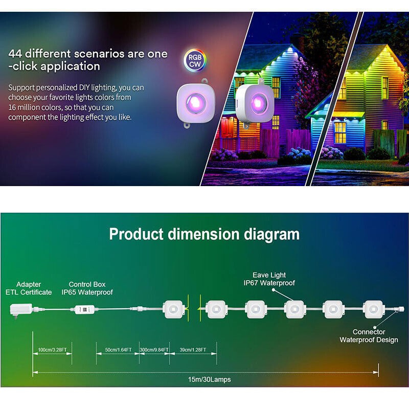 Permanent Outdoor Eaves Lights Smart RGBIC App Remote LED DIY Scene Modes lamp