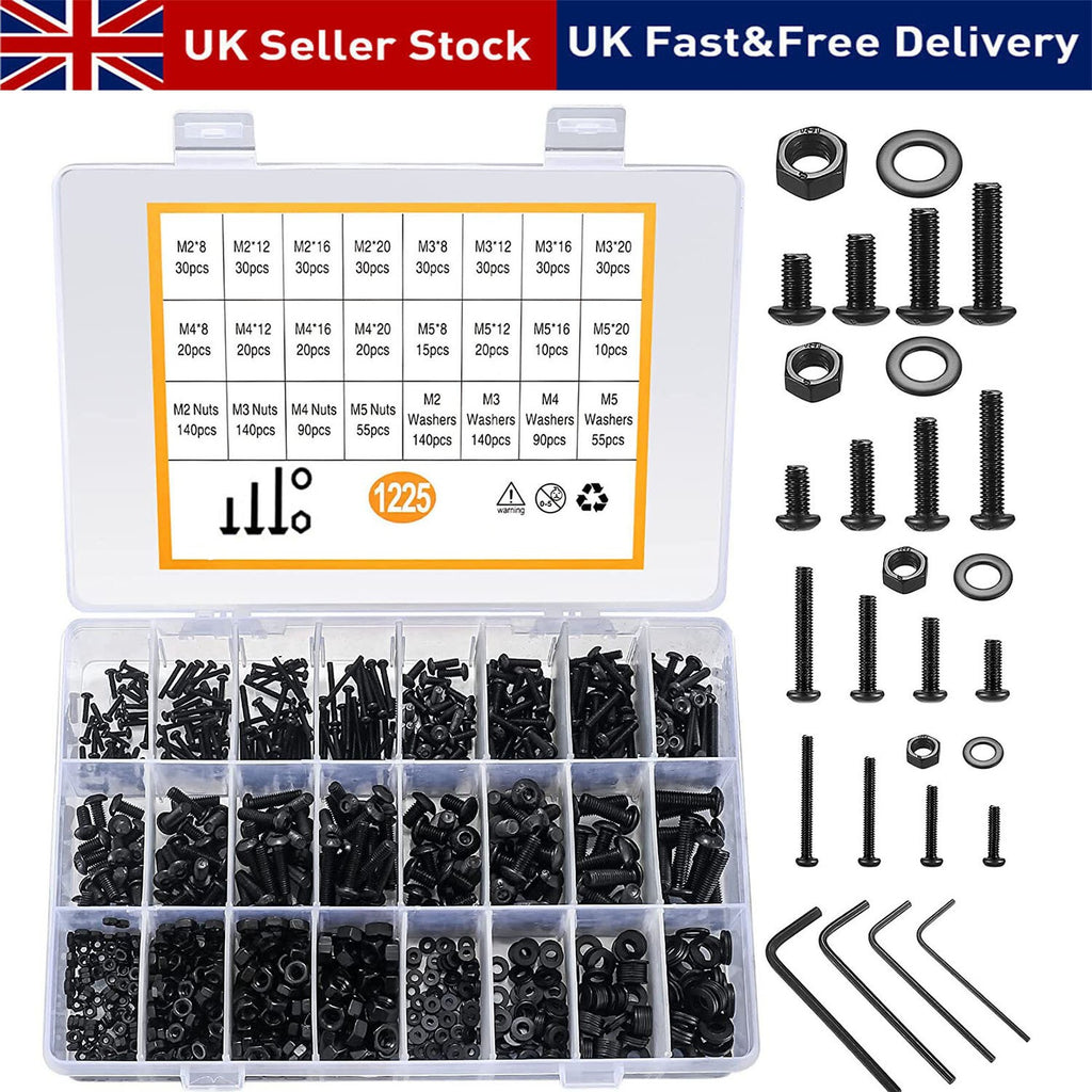 1225pcs Stainless Steel Hex Screws & Socket Bolts Nuts Set Assorted M2 M3 M4 M5