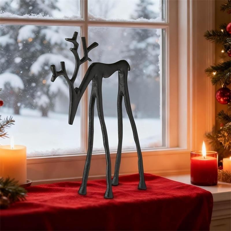 Set of 2 Black Reindeer Statues - Modern Xmas Figurines - Elegant Indoor Holiday