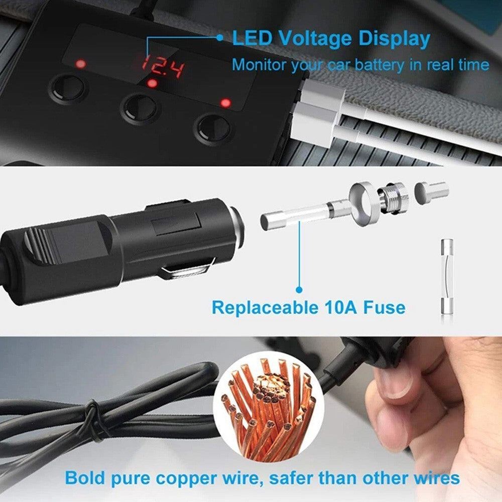 3Way Car Cigarette Lighter Socket Splitter USB Fast Charger Power Adapter 12-24V