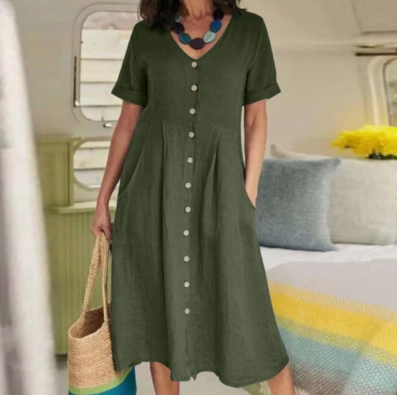 Women Cotton V Neck Short Sleeve Midi Dress Ladies Summer Casual Button Sundress