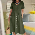 Women Cotton V Neck Short Sleeve Midi Dress Ladies Summer Casual Button Sundress