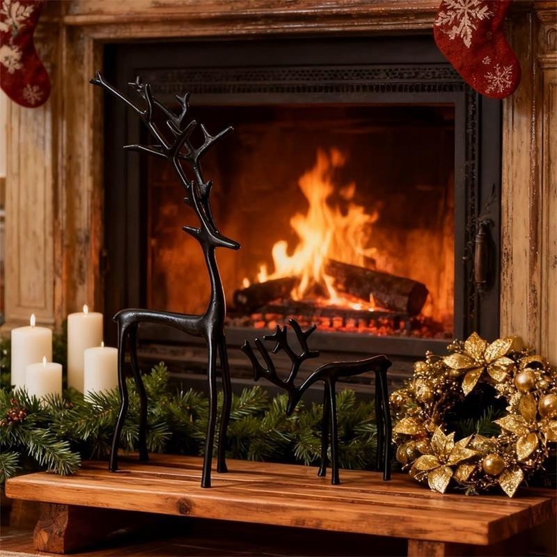 Set of 2 Black Reindeer Statues - Modern Xmas Figurines - Elegant Indoor Holiday