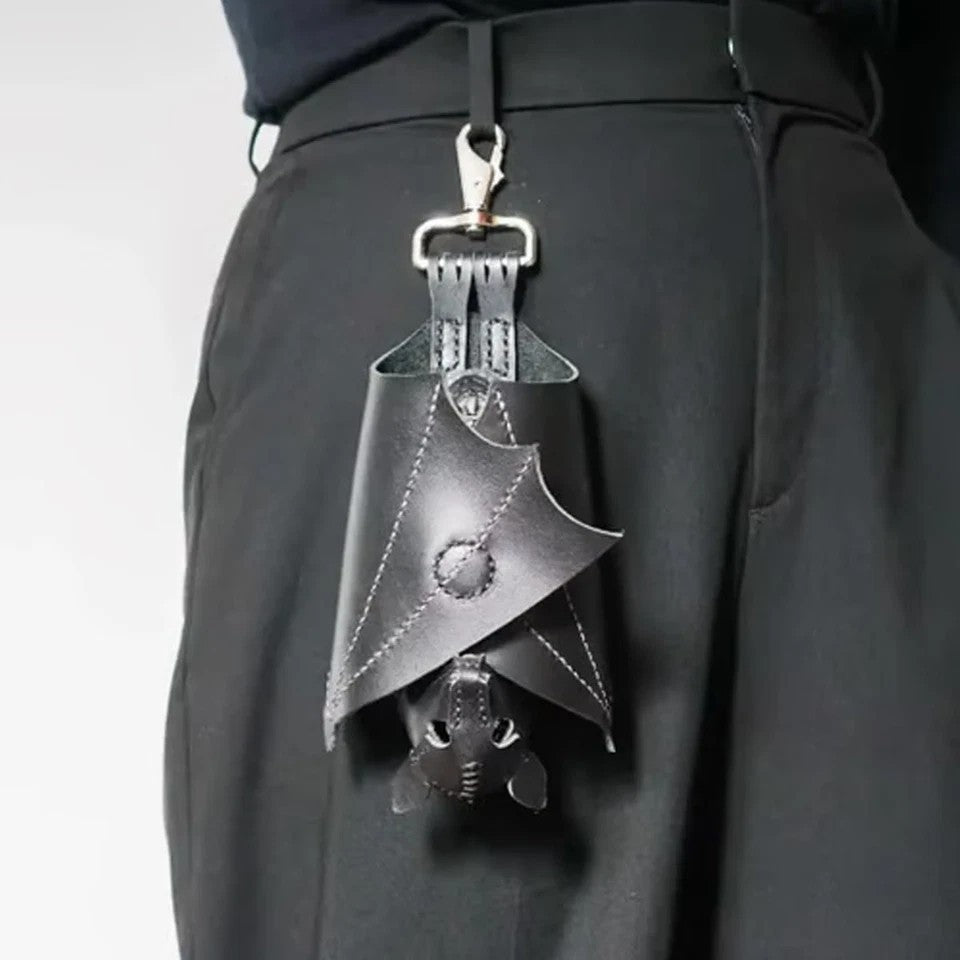 Gothic Leather Bat Coin Purse Handmade Keychain Zippered Wallet for Bags & Belts