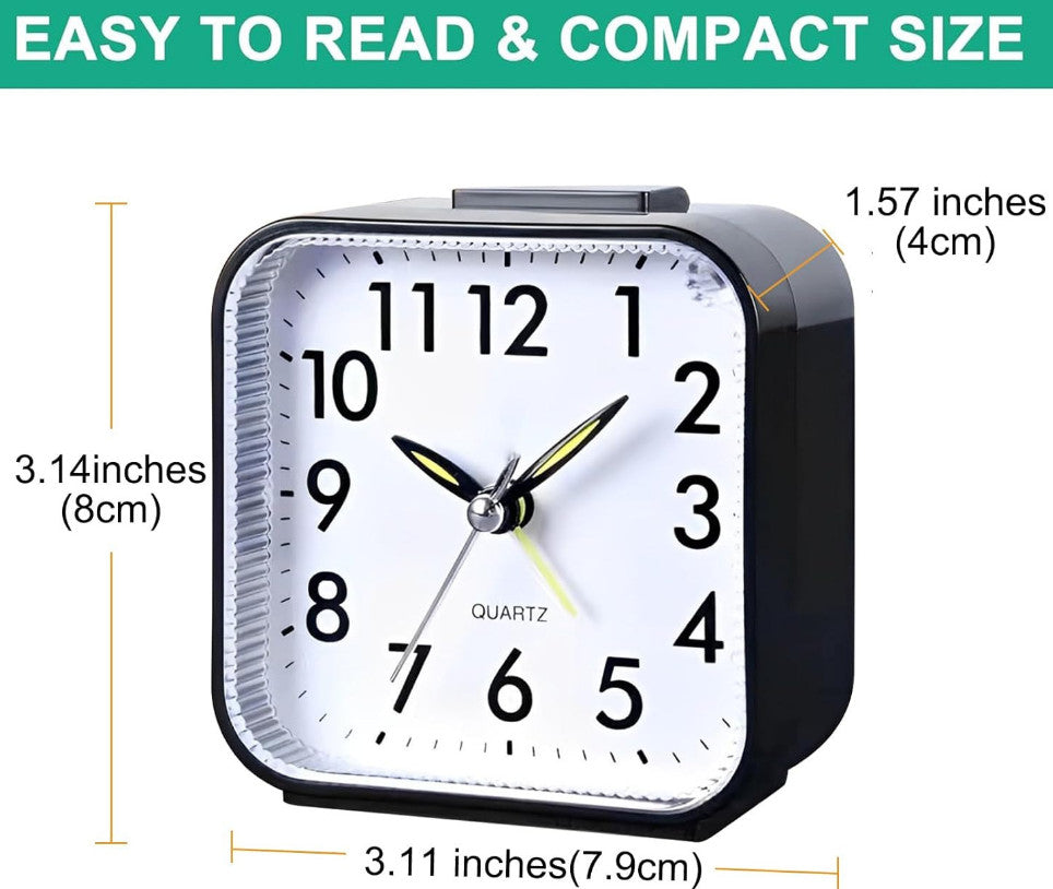 Bedside Mini Alarm Clock Analogue with Night Light – BlackWhite