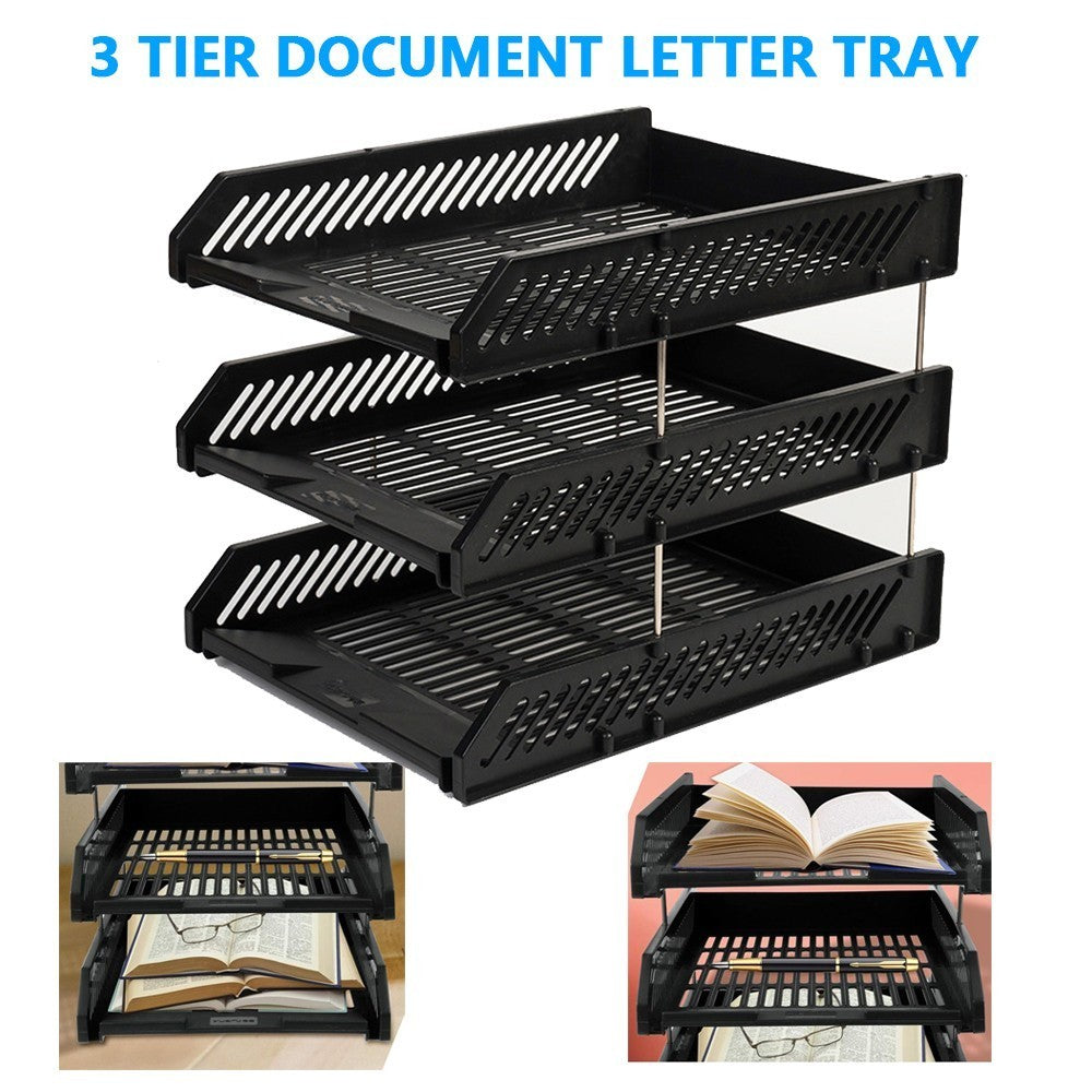 3 Tier Stackable Desk Black A4 Letter Tray Filing Document Organiser Form Paper