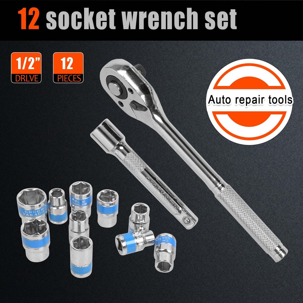 12Pc 1/2'' Socket Set 10-24mm Metric Drive Extension Ratchet Wrench Steel Case