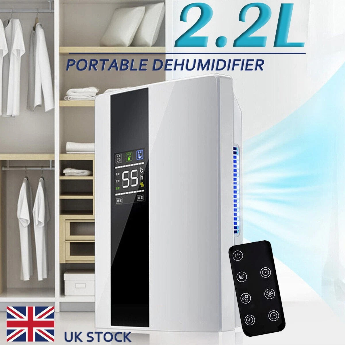 UK 2.2L Large Dehumidifier Portable Quiet Home Air Dryer for Mould Moisture Damp