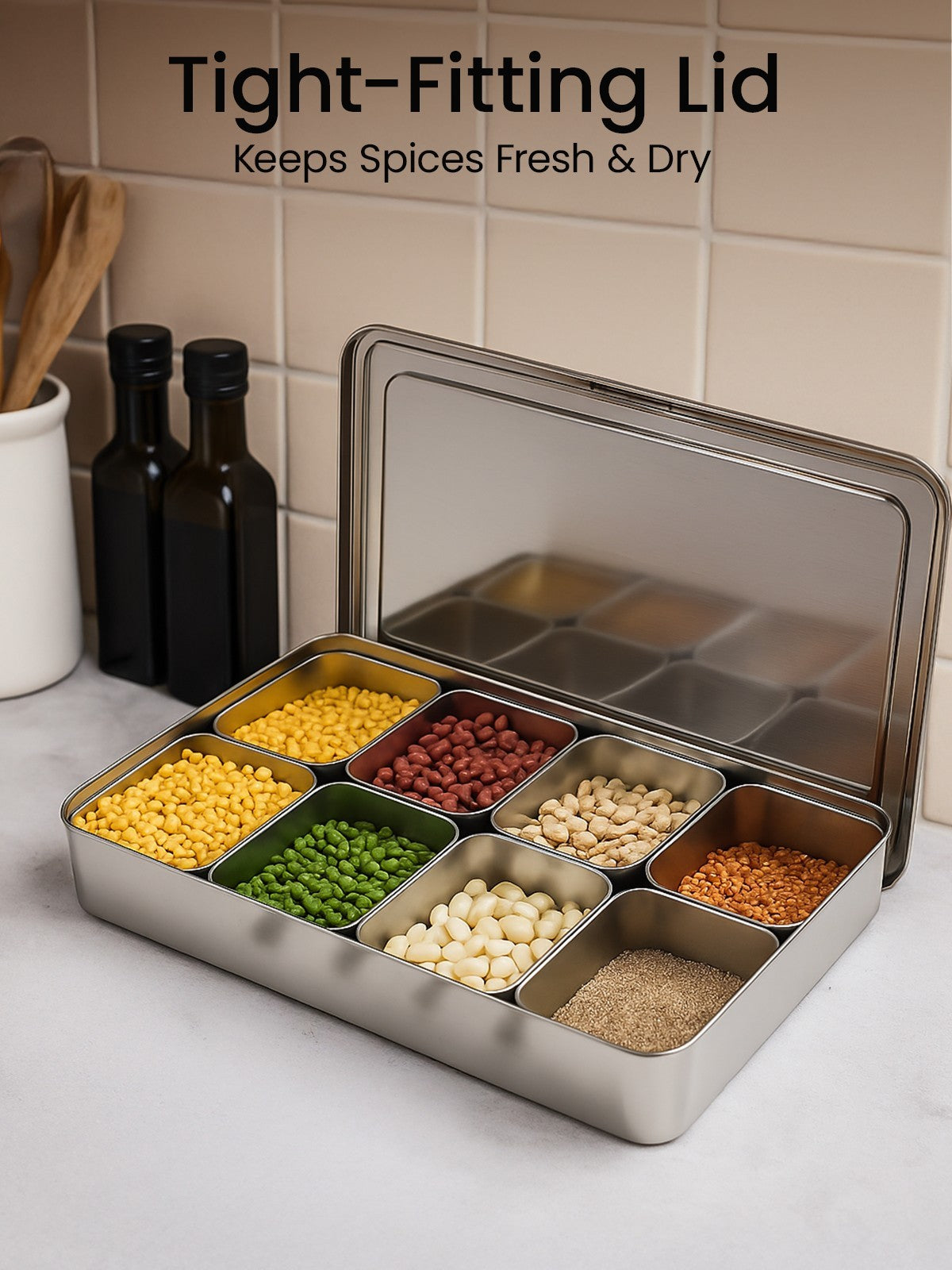 304 Stainless Steel Spice Box Tray with 8 Removable Compartments Container Cruet