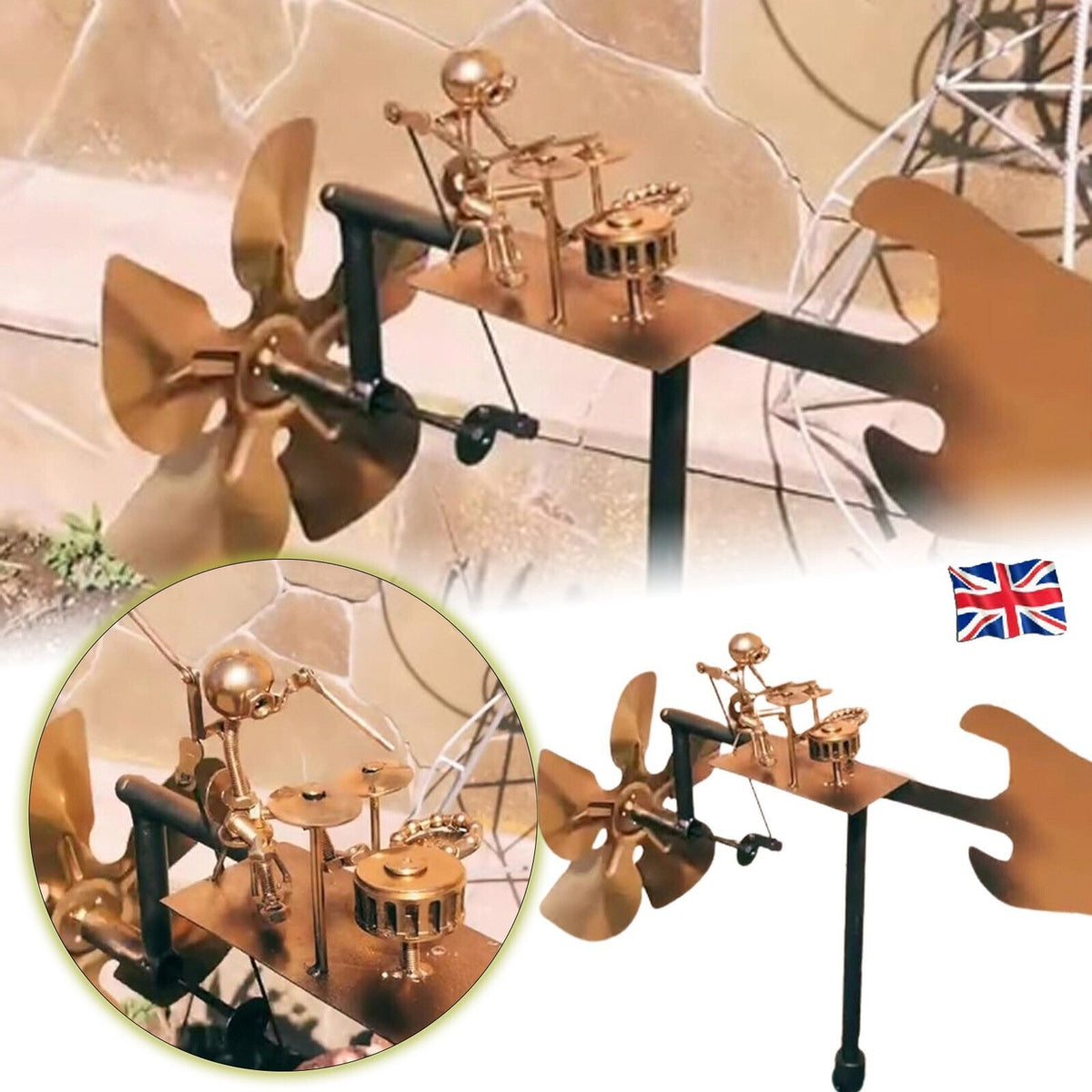 Drummer Windmill Garden Decoration,Handmade Metal Percussionist Music Windmill