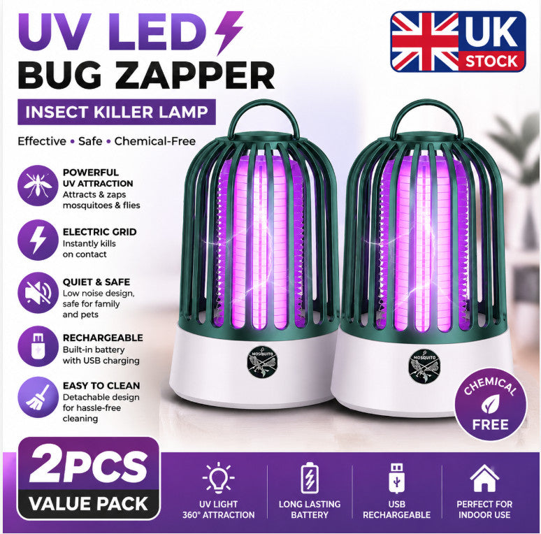 2PCS Rechargeable UV LED Bug Zapper Mosquito Killer Lamp Fly Insect Trap Indoor