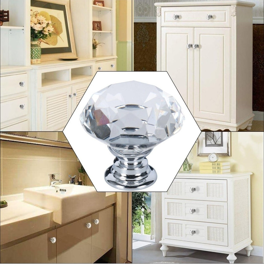 Diamond Crystal Glass Door Knob Drawer Kitchen Cupboard Cabinet Furniture Handle