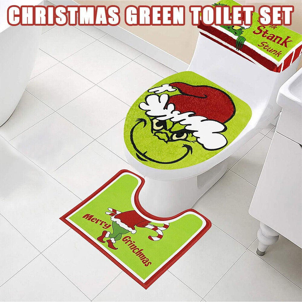 4PCS/Set Christmas Grinchs Decor Bathroom Toilet Pad Seat Cover-Rug for Bathroom