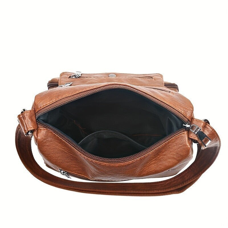 Retro Multi Pockets Crossbody Bag Soft PU Leather Shoulder Bag Purse For Women