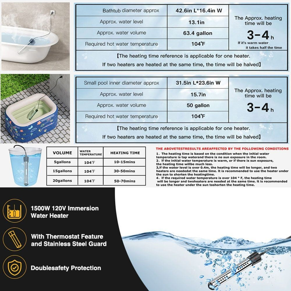 Electric Immersion Water Heater 3000W Portable Suspension Bath Hot Fast Boiler