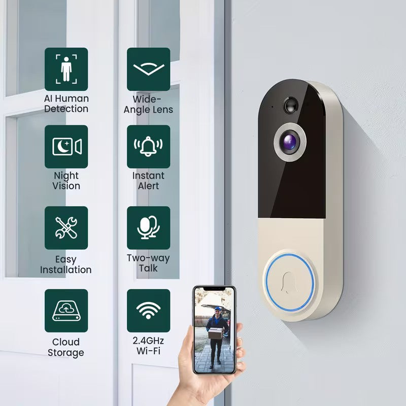 Wireless Video Doorbell Camera, AI Human Detection, Night Vision, Instant Alert,
