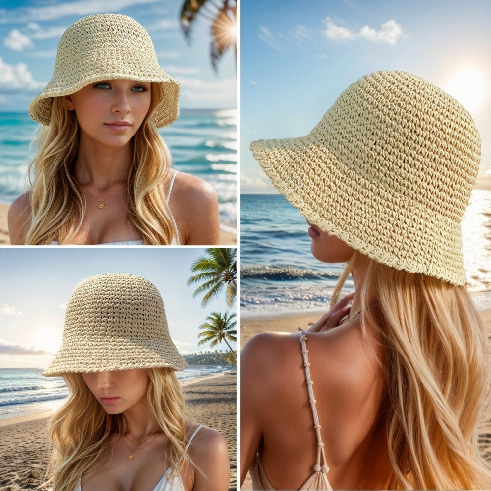 UV Protection Straw Bucket Hat Foldable Fisherman Hat  for Women Beach