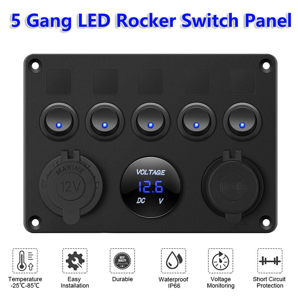 5 Gang 12V/24V Inline Fuse Box LED Switch Panel Dual USB Car Boat Truck Camper