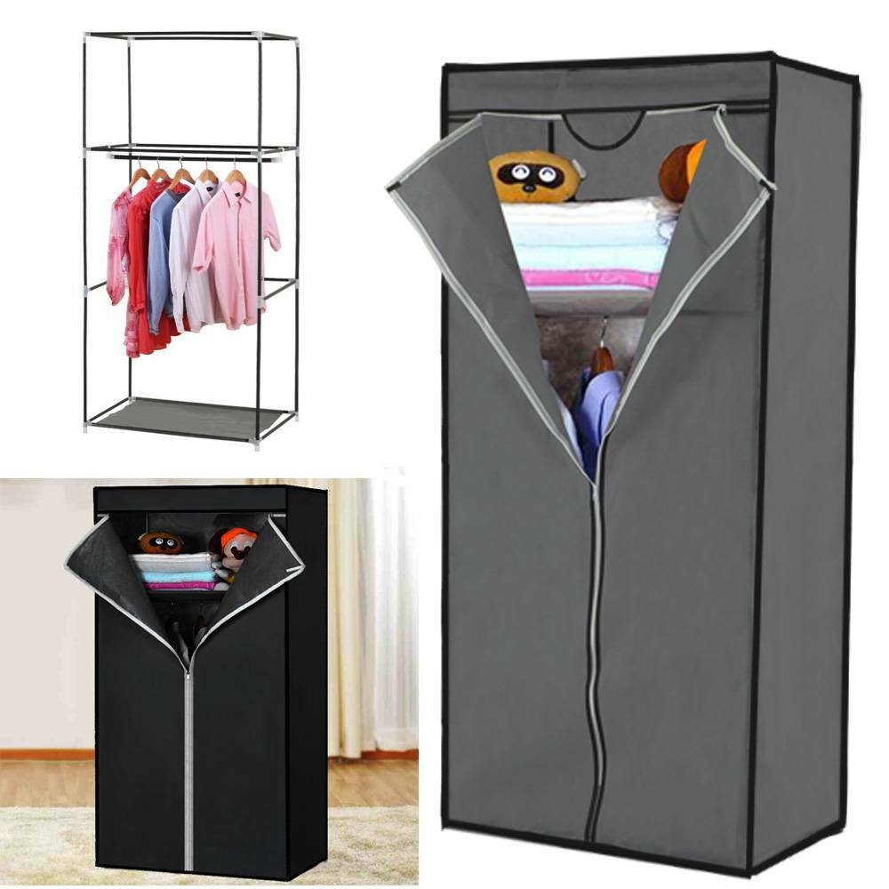 Single Fabric Canvas Wardrobe with Hanging Rail Shelving Clothe Storages Closets