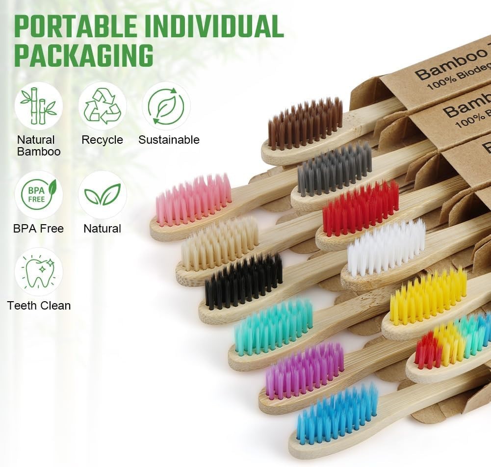 Bamboo Toothbrushes for Adults, 12 Pack Eco Friendly Natural Wooden Toothbrush,