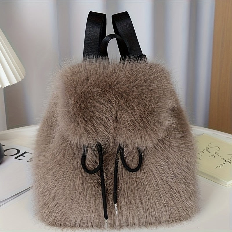 Faux Fur Backpack for Women Casual Drawstring Flap Closure Adjustable Strap Bag