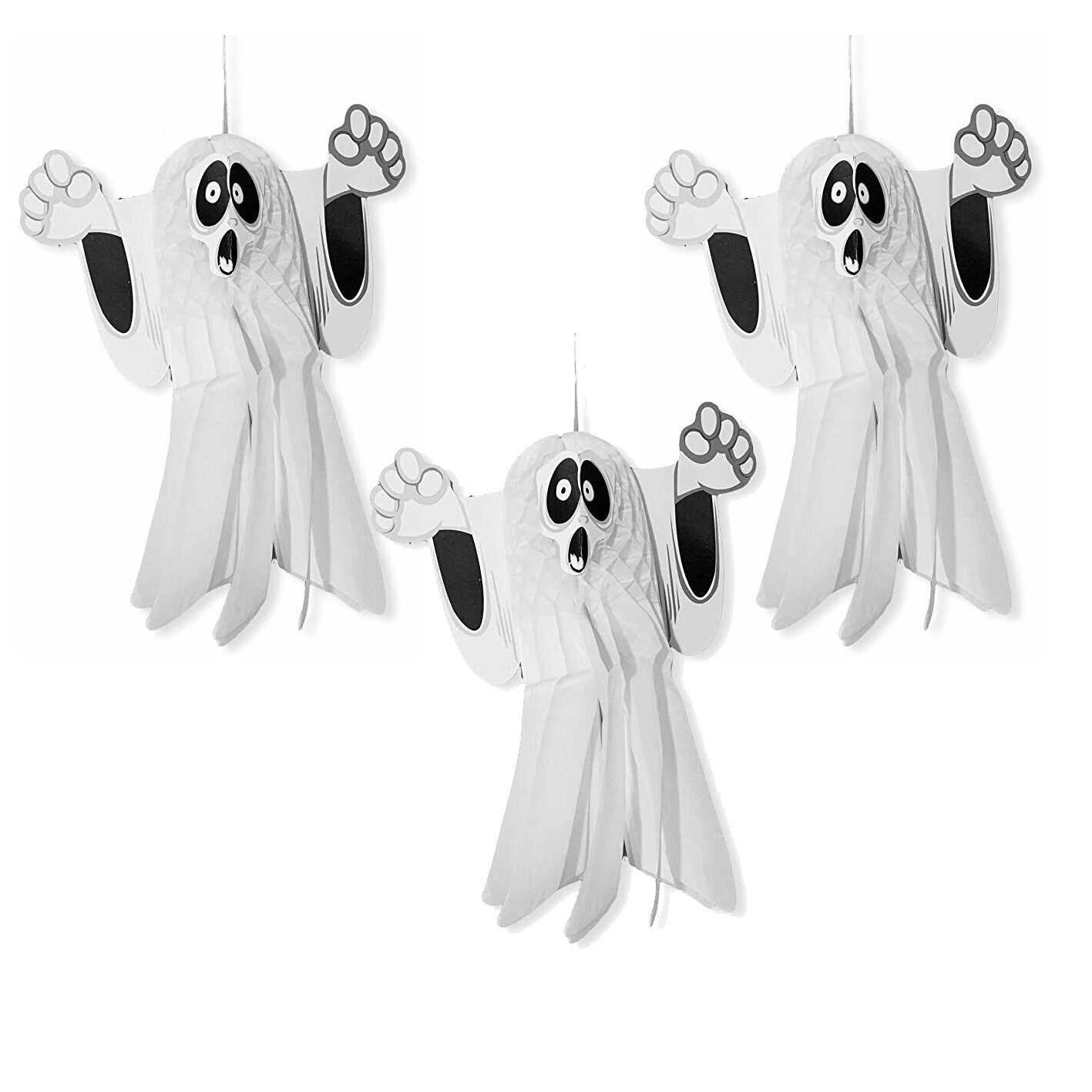 3 x 37cm Halloween Paper 3D Hanging Decorations Scary Black and White Ghost UK