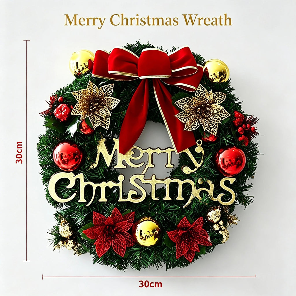 30CM Christmas Wreath With Bow Front Door Wreath Garland Xmas Hanging Decor UK